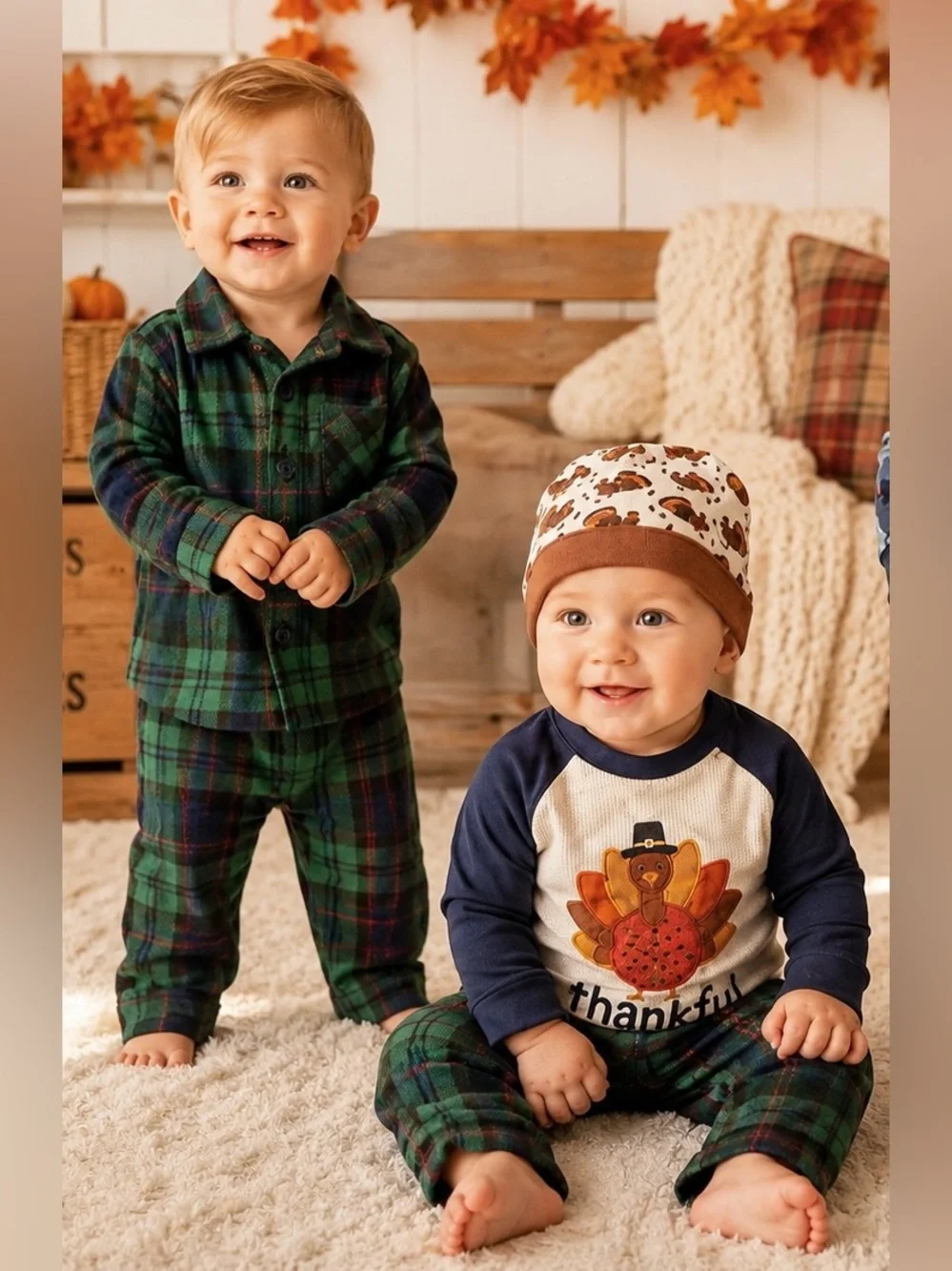 Thanksgiving Christmas Baby Festive Pajama Bundle 6-18M Turkey Flannel Set